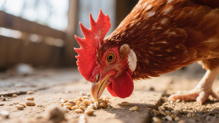 Portrait of a red rooster with a red comb on the farmの素材