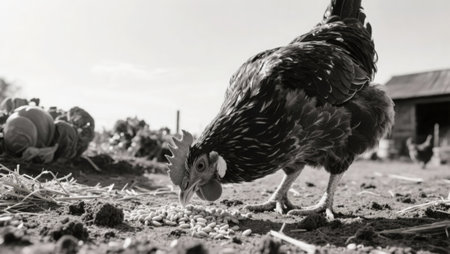 Black and white photo of a hen on a farm in the countrysideの素材