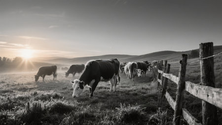 Cows grazing in the meadow at sunset. Black and white.の素材