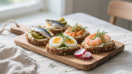 Sandwiches with salted herring, dill and boiled egg on wooden boardの素材