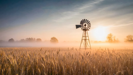 Windmill on a wheat field in a foggy morning at sunriseの素材