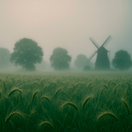 Green wheat field with windmill and trees in the misty morningの素材