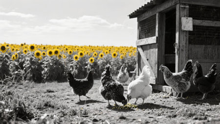 Black and white photo of chickens and sunflowers on the farmの素材