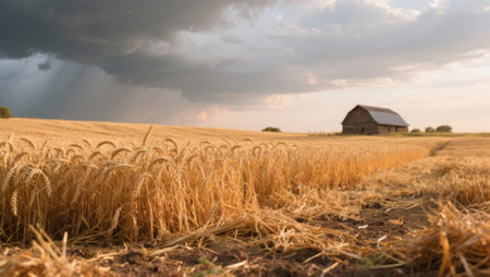 Rural landscape with wheat field, barn and stormy sky.の素材