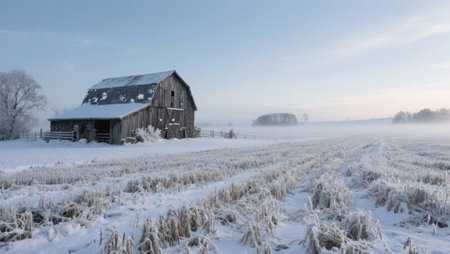 Panoramic view of an old barn in a snowy field.の素材