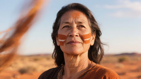 Portrait of an older woman with a painted face in the desertの素材