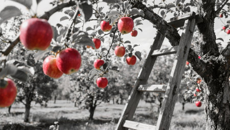Red apples on apple tree branches in orchard. Black and white photo.の素材