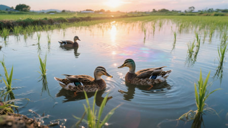 Mallard ducks swimming in a paddy field at sunset.の素材
