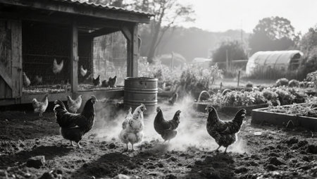 Chickens on traditional free range poultry farm. Black and white photo.の素材