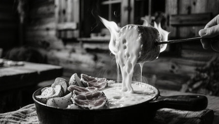 Cooking bacon in a frying pan. Black and white photo.の素材