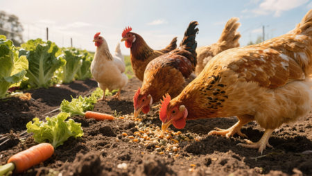 Chickens in the vegetable garden. Selective focus. nature.の素材