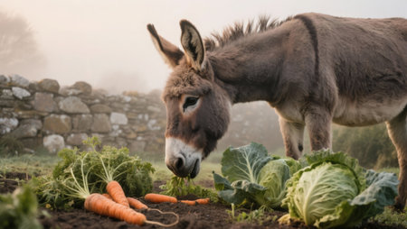 Donkey and carrots in the field in foggy morning. Farm animals.の素材