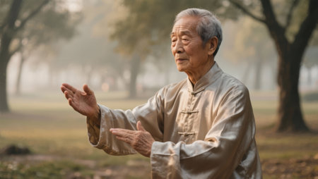 elderly man practicing thai chi in the park, asianの素材