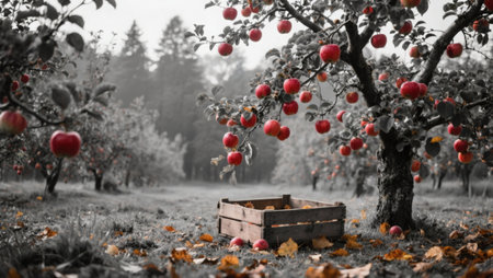 Wooden box full of apples in an apple orchard in autumnの素材