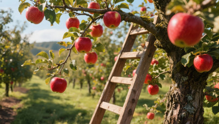 Apple tree with ripe red apples in orchard. Ripe apples in orchardの素材