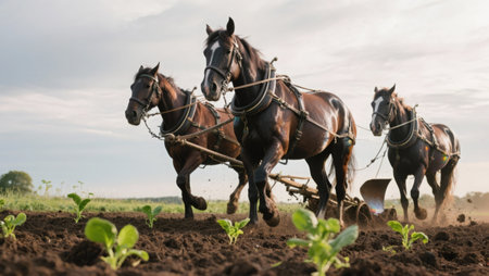 Horses pulling a plow in the field. Agricultural work.の素材