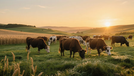 Cows grazing in a meadow at sunset. Rural landscape.の素材
