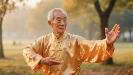 asian senior man practicing thai chi in the park in autumnの素材