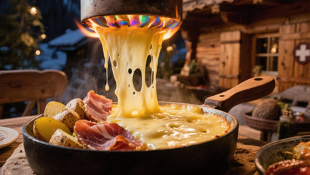 Cheese fondue in a pan with bacon and cheese in the backgroundの素材