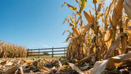 Dry corn field with blue sky and fence in the background.の素材