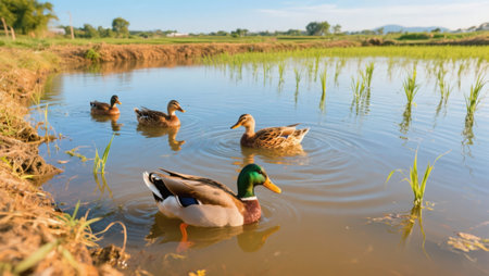 Mallard ducks swimming in a pond in the countryside of Thailandの素材