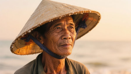 Old Asian woman wearing a straw hat on the beach at sunset.の素材