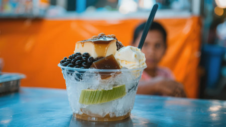 Close up of ice cream in plastic cup on table with blurred woman on backgroundの素材