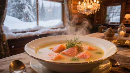 Creamy soup with salmon in a white plate on the background of a wooden window.の素材
