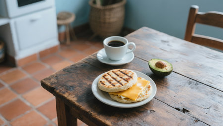 Breakfast with scrambled eggs, cheese, avocado and coffee on wooden tableの素材