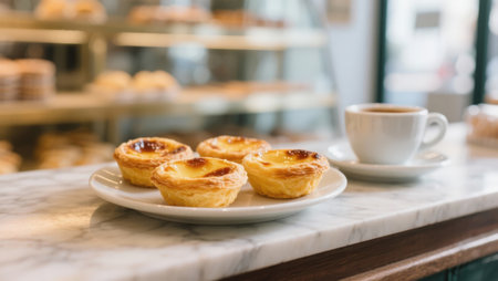 Egg tart with coffee table in bakery shop, stock photoの素材