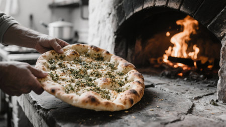 Pizza in the hands of a man in front of the ovenの素材