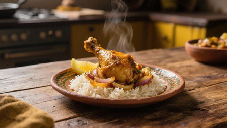 chicken leg with vegetables and rice on a rustic wooden tableの素材