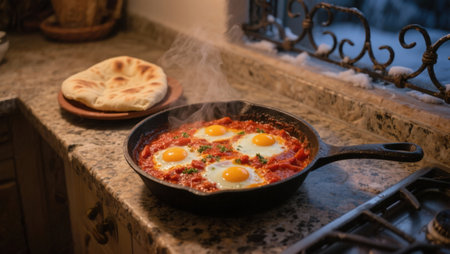 Shakshuka with eggs in a frying pan on a wooden tableの素材