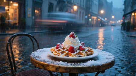 Belgian waffles with whipped cream and fresh strawberries on a wooden table in the rainの素材
