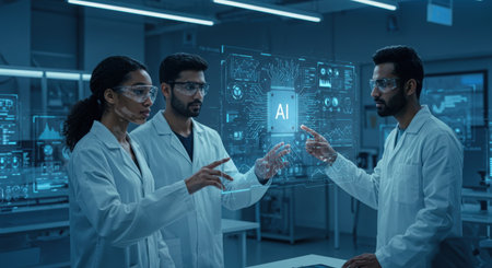 Group of scientists working with futuristic interface in laboratory. Science and technology conceptの素材