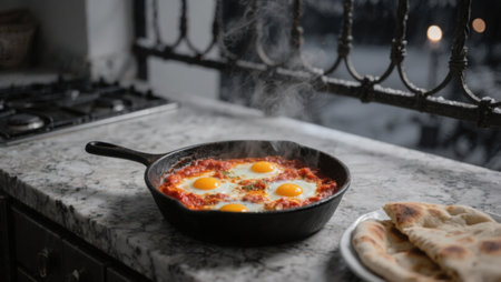 fried eggs with tomato sauce in a frying pan on the kitchen tableの素材