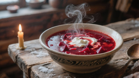 Traditional Russian borscht with sour cream in a ceramic bowl on a wooden tableの素材