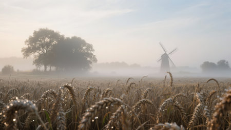 Panoramic view of an old windmill in a foggy fieldの素材