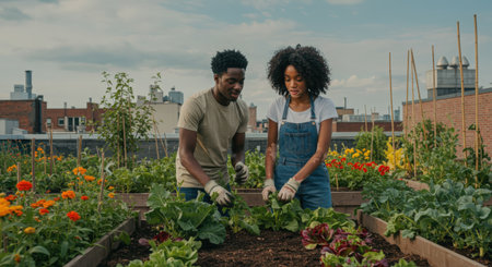 African american couple working together in the garden. They are planting vegetables.の素材