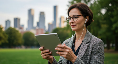 Businesswoman using tablet computer and listening to music in the park.の素材