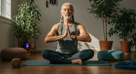 Senior man practicing yoga at home, meditating in lotus poseの素材