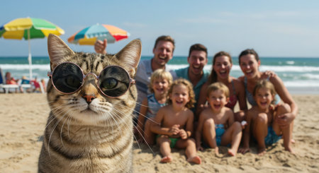 Portrait of a cat wearing sunglasses on the beach with his familyの素材