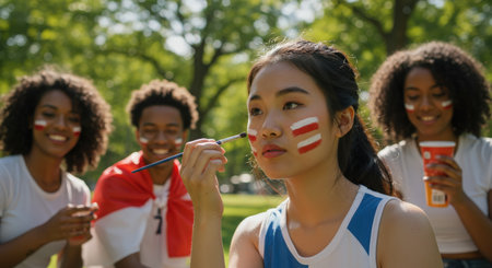 Group of young multiethnic friends having fun in park. Cheerful women with flags of different countries holding paintbrushes. Friendship conceptの素材