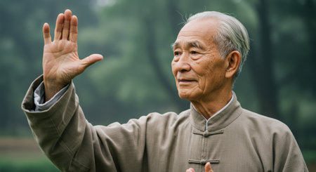 Asian senior man giving a high five in the park. Elderly people and lifestyle concept.の素材
