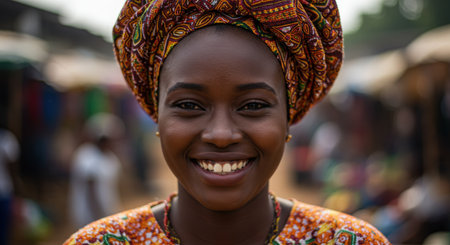 Portrait of a young African woman smiling at the market.の素材