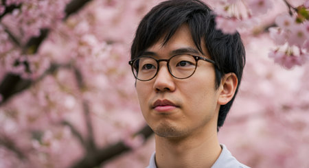 Young Asian man with glasses standing in front of cherry blossom treesの素材