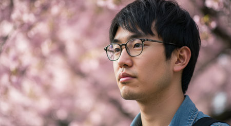 Portrait of a young Asian man wearing glasses and standing in front of a cherry blossom treeの素材