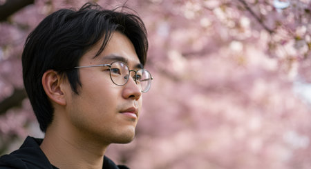 Portrait of a young asian man wearing glasses standing in front of a cherry blossom treeの素材