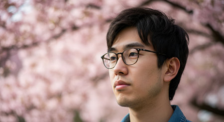 Young man with glasses looking at the camera in the park with cherry blossomの素材