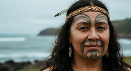 Portrait of a young woman with tribal face painting and headdressの素材